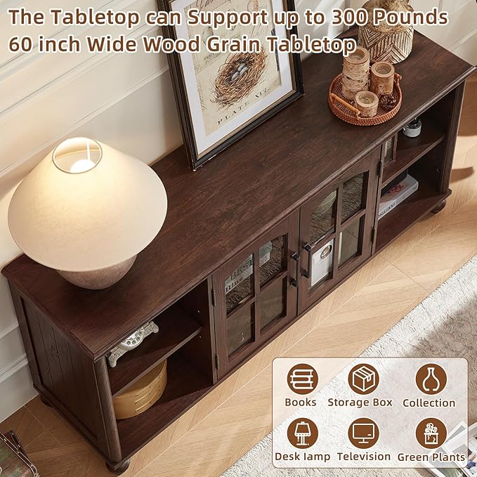 Farmhouse TV Stand for 60 Inch TV Wood Entertainment Center with Adjustable Shelves &amp Glass Door Storage CabinetTelevision Stands for 65 TVSTV Console Table for Living RoomBedroomWalnut