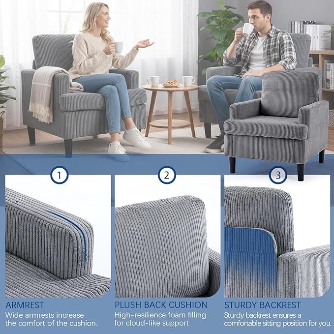 Modern Accent Chair Cozy Living Room Chairs Mid Century Modern Accent Chairs Reading Chair with Armrests for Living Room Bedroom and Study（Grey）