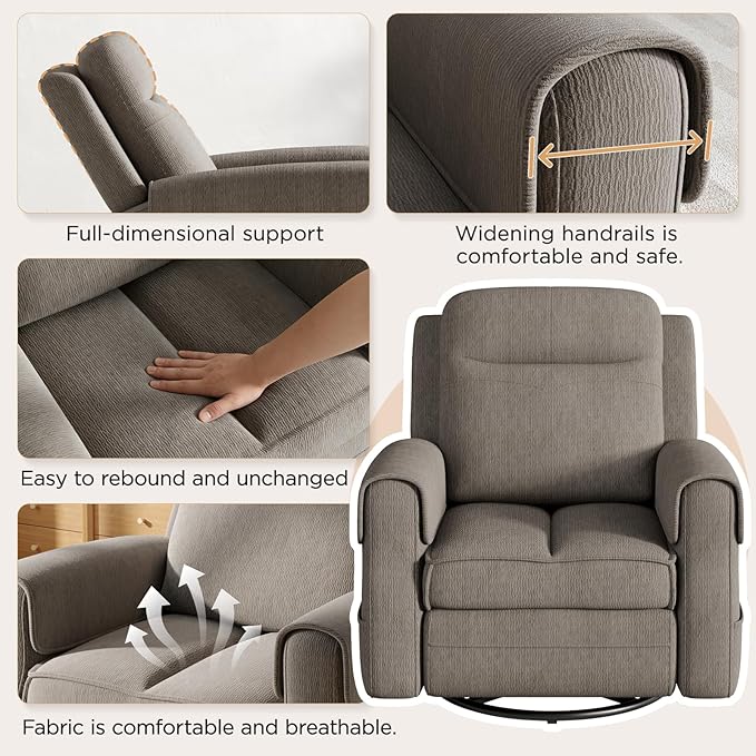 Maupvit Faux Shearling Recliner Chair - 360° Swivel Rocker with Adjustable Footrest and Backrest Plush Upholstered Single Sofa for Small Spaces for Living Room/Nursery/Home Theater (Grey)