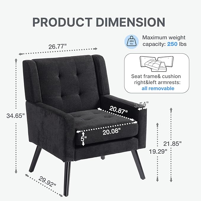 Mid-Century Modern 47 Small Loveseat &amp Accent Chair Combo Set Plush Linen Fabric with Button Tufted High Back &amp Solid Wood Legs for Apartment Living Room Bedroom Home Office (Black 2-Pie