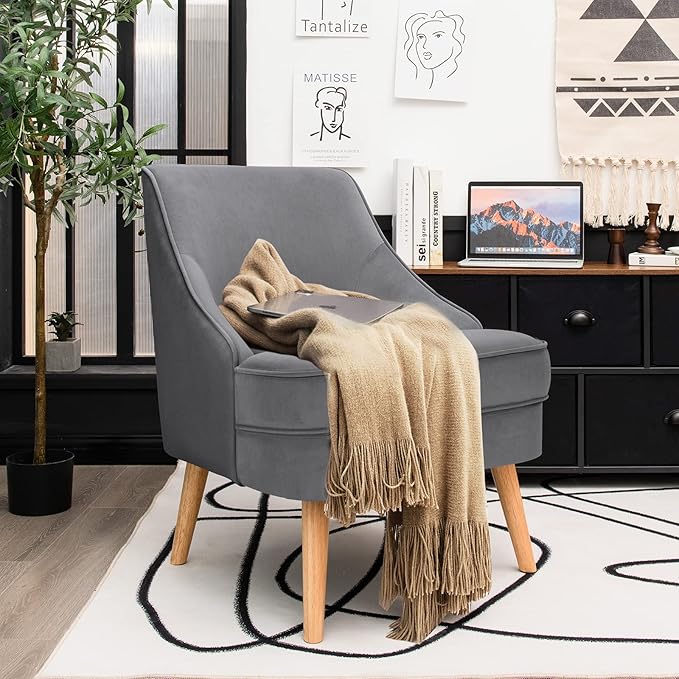 Giantex Velvet Accent Chair Mid Century Single Sofa Chair w/Rubber Wood Legs Comfy Slipper Chair Upholstered Armless Leisure Side Chair for Living Room Bedroom Meeting Room Grey