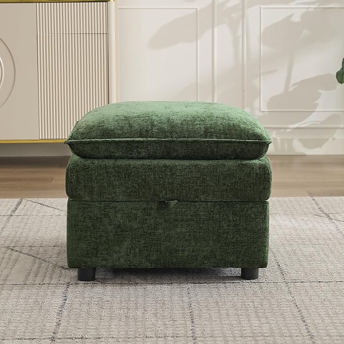 27 Large Square Ottoman with Storage Modern Upholstered Footrest with Anti-Slip Legs for Couch Coffee Table Living Room Bedroom Entryway Chenille Green