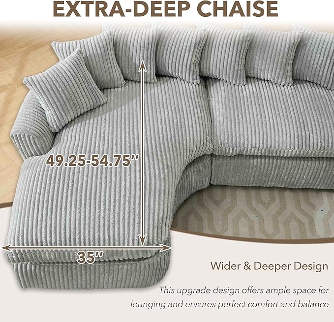 127 Modular Sectional Corduroy Sofa L Shaped Cloud Couch with 10 Pillows Comfy Curved Sofa with 7 Iron Frames Modern Left Chaise Lounge Couches for Living Room Bedroom Apatment Gray