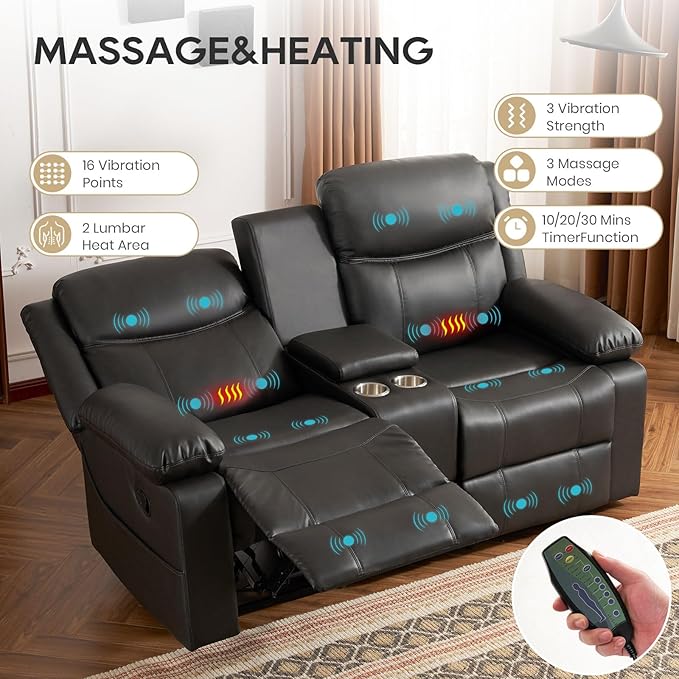 Reclining Loveseat Sofa with Massage &amp Heat Recliner Couch RV Love Seat Chair Side Pockets Extra Storage Cup Holders Adjustable Headrest &amp USB Ports for RV Home Theater Living Room