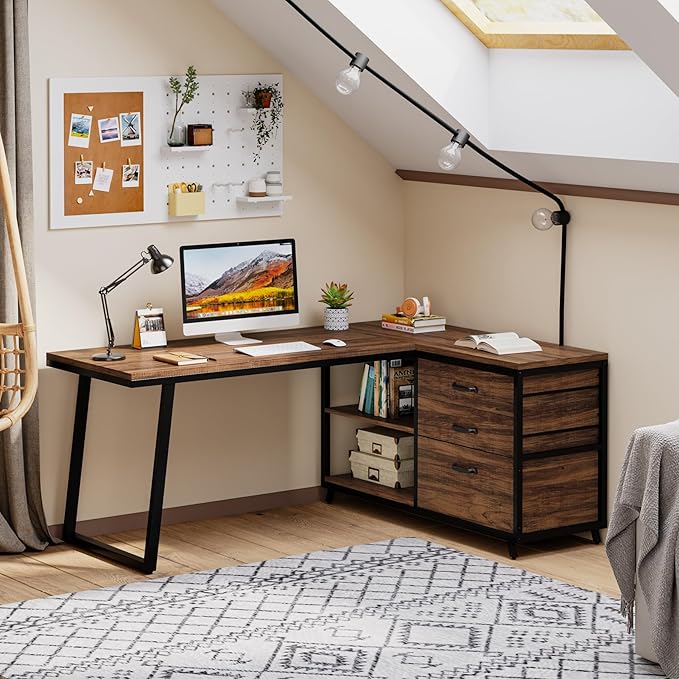 Tribesigns L-Shaped Computer Desk with 3 Drawers Reversible Corner Home Office Desk with Shelves 53-Inch Industrial PC Desk Study Writing Table Workstation for Small Space Rustic Brown
