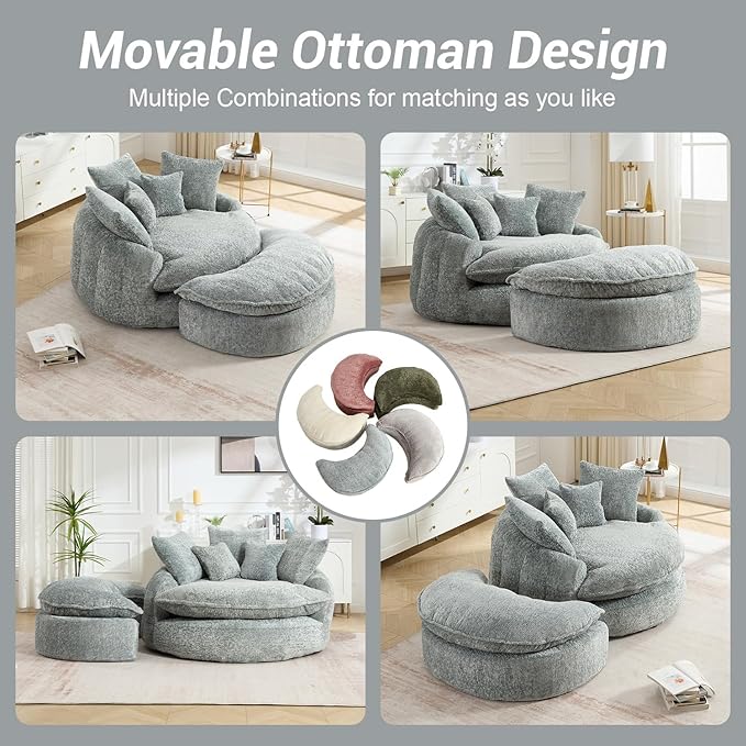 54 Round Chaise Lounge with Ottoman Big Bean Bag Round Sofa Bed Oversized Round Couch Boneless Reading Chair Comfy Plush Chenille Large Chaise Chair for Living Room Apartment Blue Gray