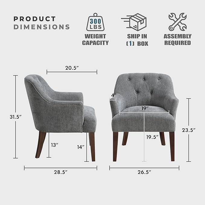 Lexicon Modern Accent Chair Textured Fabric Upholstered Arm Chair with Button Tufted Back Sloped Flared Arms and Wooden Legs for Living Room/Bedroom Charcoal