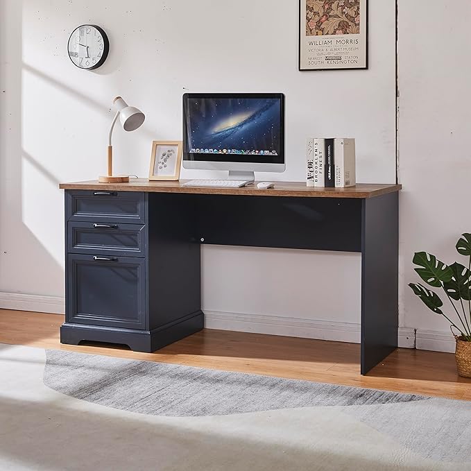 60 Farmhouse Executive Desk with Charging StationHome Office Desk with 2 Drawers &amp1 File CabinetWood Work Desk for Office and Home (Blue)