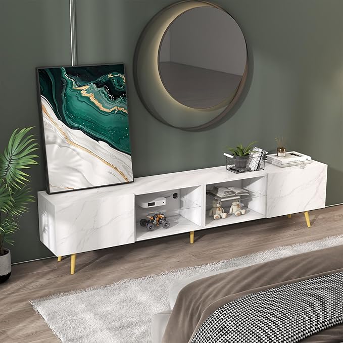 Bonzy Home 86 LED TV Stand Modern Entertainment Center up to 75 TV Television Console Table with Storage Cabinets for Living Room White Marble