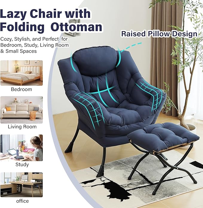 Lazy Chair with Ottoman Modern Accent Chairs with Folding Footrest Navy Blue Sofa Chair Set Comfortable Reading Chairs Oversized Armchairs for Bedroom Study Living Room Courtyard