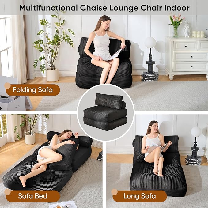 Waxberry Folding Sofa Couch Bed 36 Deep Oversized Seat Boneless Sofa Chair Corduroy Convertible Single Sleeper Chair Couch Bed for Living Room Portable Fold Out Chair Bed With Back Support (Black)