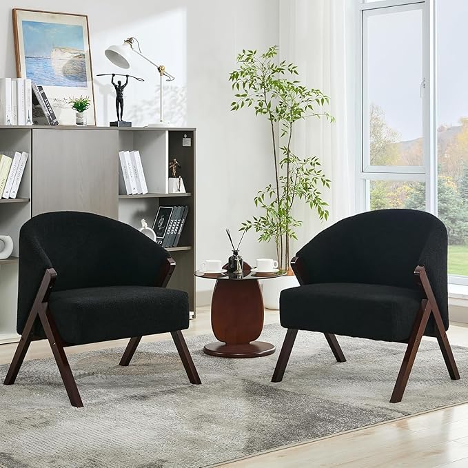 PU Leather Mid-Century Modern Accent Chair with Wooden Legs Comfortable Upholstered Reading and Leisure Chair for Living Room Bedroom and Waiting Room-Black