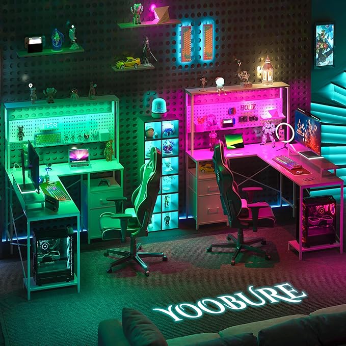 Yoobure L Shaped Gaming Desk with Pegboard Reversible Computer Desk with Drawers &amp Storage Shelves LED Lights &amp Power Outlets Office Desk with Monitor Stand Corner Desk Home Office Desks