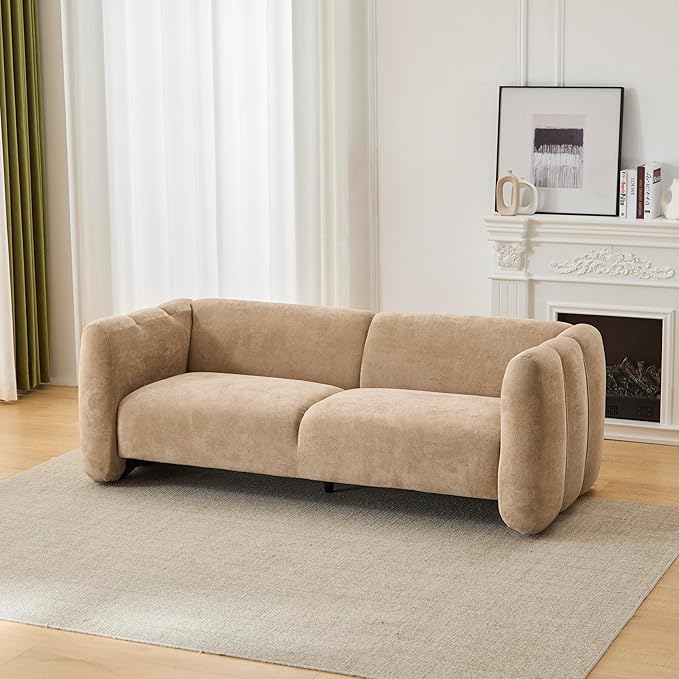 Christopher Knight Home Ahri 83'' Wood Frame Lounge Sofa Couch with Wave Design Soft Seating 3-Seater Sofa with Armrests Comfy Velvet Upholstered Home Sofa for Living Room and Office Camel