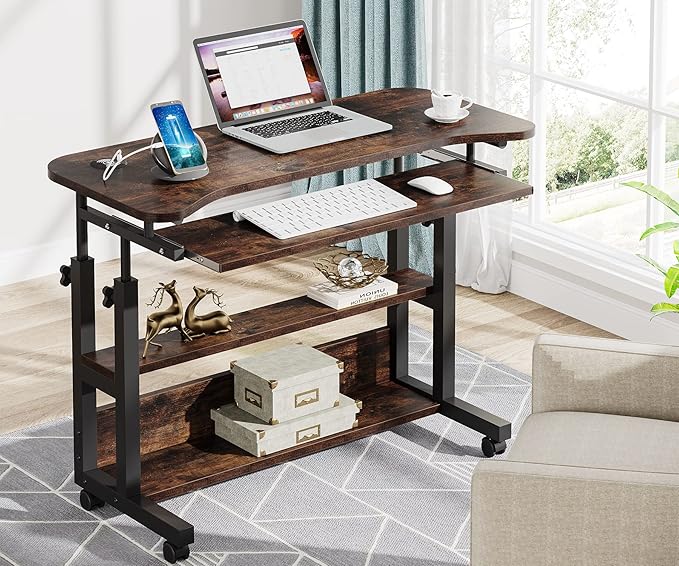 Tribesigns Portable Desk with Power Outlets Height Adjustable Side Table Sofa Couch Bedside Laptop Computer Cart with USB Charging Ports Mobile Small Standing Desk with Keyboard Tray