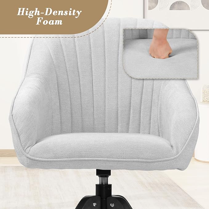 Athena Collection Swivel Modern Accent Chair Linen Upholstered Armchair Office Desk Chair No Wheels with Wooden Legs Comfy Vanity Chair Reading Chair for Bedroom Living Room Gray