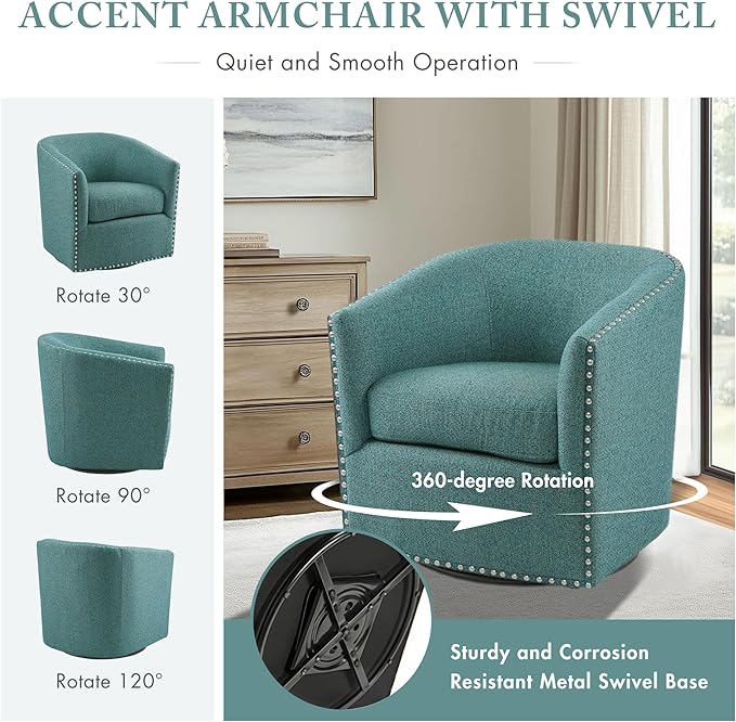 Madison Park Swivel Barrel Accent Chair Upholstered Curved Back with 7-Inch Thick Woven Cushion 360° Swivel Nailhead Trim Comfy Chair for Living Room Bedroom Office 28 Wide Teal Tyler
