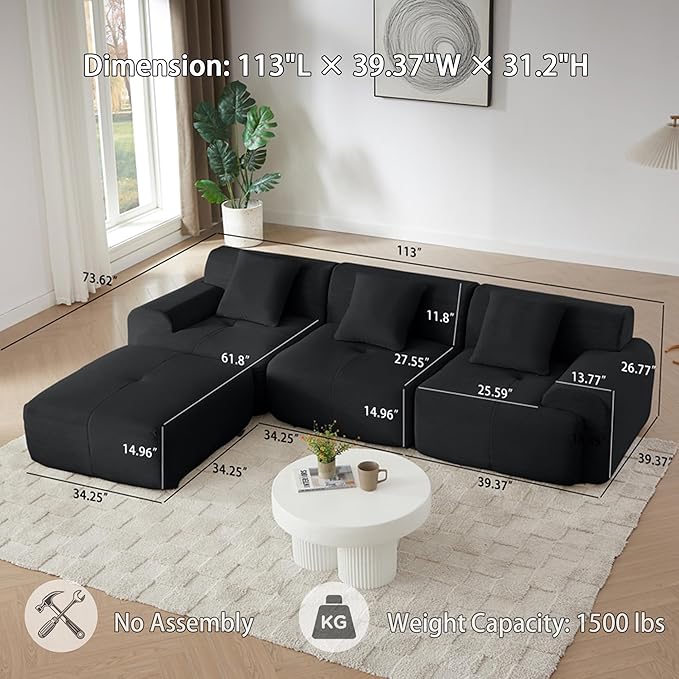 110 Cloud Sectional Couches for Living Room Modern Modular L-Shape Sofa Couch with Chaise 3 Seater Modular Sectional SofaNo Assembly Required (114Black)