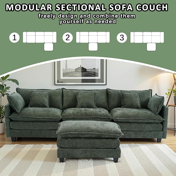 Gexpusm Modular Sectional Sofa108 L Shaped Couches for Living Room3 Seats Sofas with Movable OttomanCloud Sectional Couch with Deep SeatOversized Sleeper Sofa Boneless for BedroomGreen