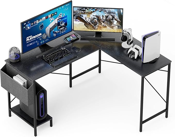 L Shaped Desk - 50 Reversible Home Office Computer Desk Wood Top Metal Frame Side Bag Sturdy Gaming Desk Corner Table for Work Writing and Study Space-Saving