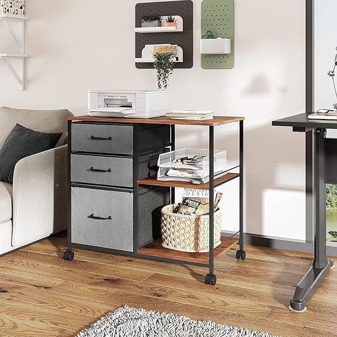 DEVAISE 3 Drawer Mobile File Cabinet Rolling Printer Stand with Open Storage Shelf Fabric Lateral Filing Cabinet fits A4 or Letter Size for Home Office Rustic Brown