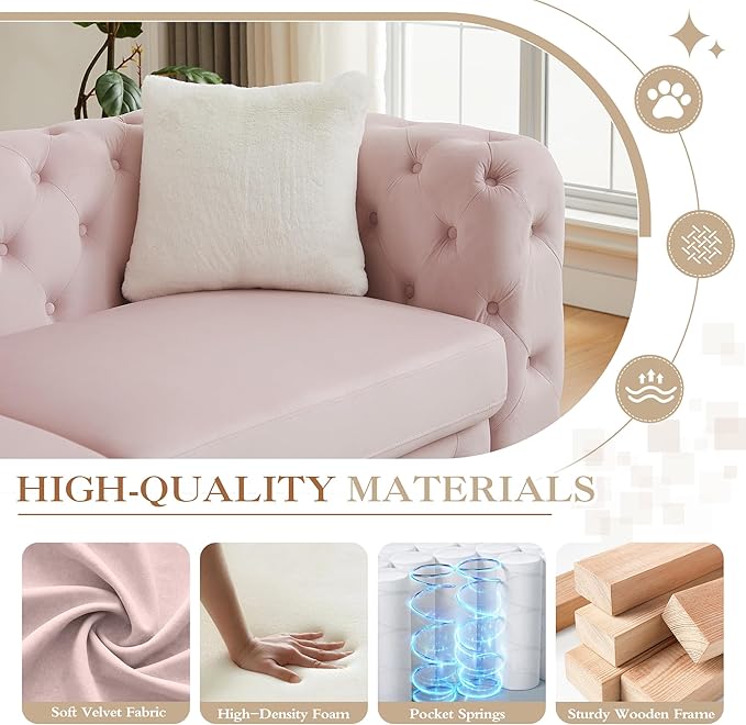 61.25 Velvet Chesterfield Sofa Mid-Century Modern Love Seat Button Tufted Couch with Curved Arms Gold Metal Legs Deep Seat Small Space Comfortable Living Room Bedroom Furniture (Pink 2 Seater)