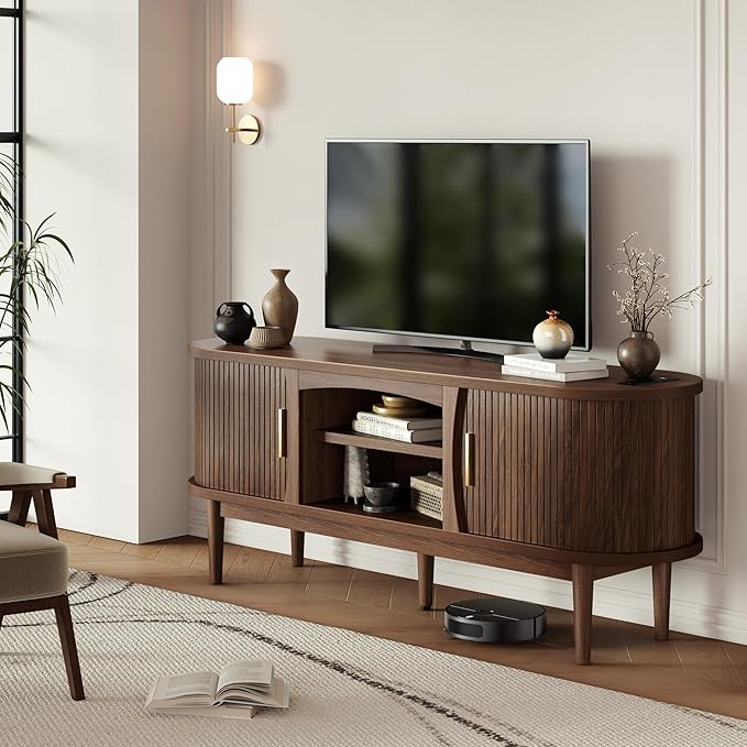 Mid Century TV Stand for TVs up to 65 Inches Entertainment Center with Storage Power Outlet Fluted Sliding Doors &amp Adjustable Shelves Modern Media TV Console Table for Living Room (Walnut)