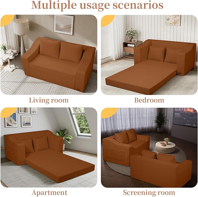 MeMoreCool Convertible Sofa Bed Pull Out Loveseat Sofa Sleeper Couch for Bedroom Living Room Lounge 2 in 1 Small Couch Bed with Pillow Foldable Love Seat Futon Corduroy Orange