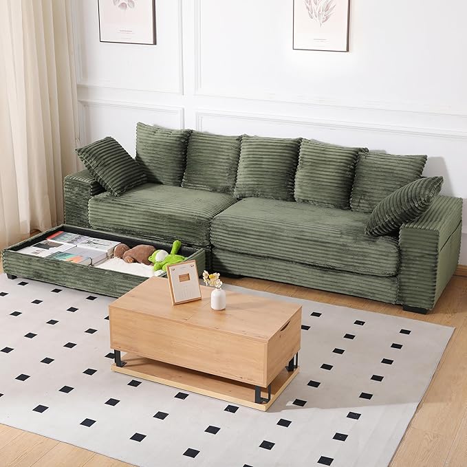 108.6 Corduroy Modular Sectional Sofa with Ottoman &amp Storage Modern Deep-Seat L-Shaped Sectional with 8 Pillows Cloud-Like Couch for Living Room Office &amp Apartment Green