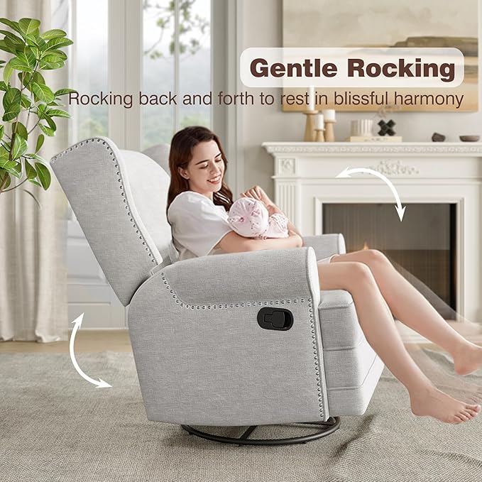 Swivel Recliner Chair with Extra Large Footrest Comfy Upholstered Glider Rocking Chair for Living Room Bedroom and Ofice Grey