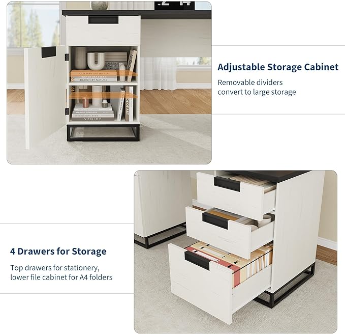 IDEALHOUSE Farmhouse Executive Desk 59 Computer Desk White Home Office Desks with File Drawer and Storage Cabinet Wood Writing Desks for Home Office Bedroom White+Black