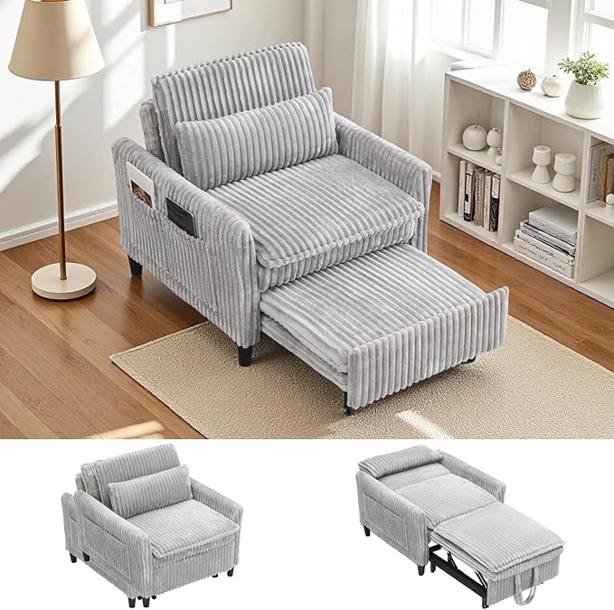 32 Wide Convertible Sleeper Chair with Pull Out Bed 3-in-1 Single Sofa Bed Adjustable Backrest &amp Side Storage Pocket | Space-Saving Couch for Small Spaces Living Room &amp Bedroom(Gray)