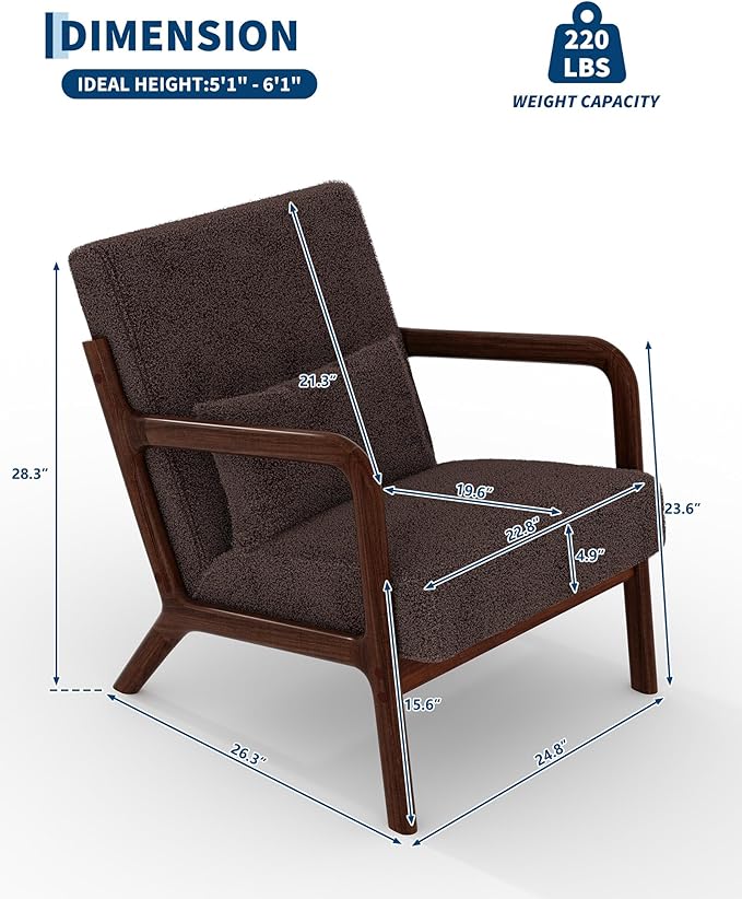 GarveeHome Mid-Century Accent Chair Cozy Sherpa Reading and Lounge Armchair with Lumbar Pillow Modern Wood Frame for Living Room Bedroom Office Brown