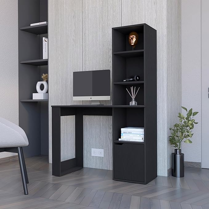 Computer Desk with 4-Tier Bookcase and 1-Door Cabinet Ample Work Surface for Home Office Living Room Black