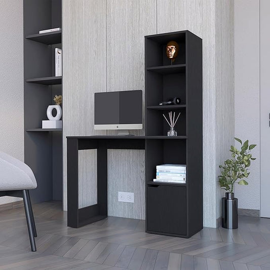 Computer Desk with 4-Tier Bookcase and 1-Door Cabinet Ample Work Surface for Home Office Living Room Black