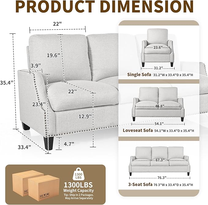 3 Piece 6-Seater Living Room Sofa Set Modern Upholstered 3-Seater Sofa Loveseat &amp Armchair Handmade Nailhead Trim Ergonomic Deep-Seat Couch for Living Room Bedroom Apartment Beige