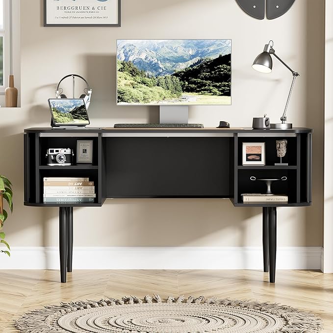 55 Modern Writing Desk with Sliding Doors Wood Home Office Desk with Storage Computer Desk for Study Living Room Dorm Black