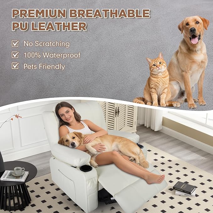 Rocking Recliner Chair with Heat and Massage Overstuffed PU Leather Recliners for Living Room Modern Single Rocking Chair for Adults Manual Swivel Rocker Recliner with Cup Holders Cream White