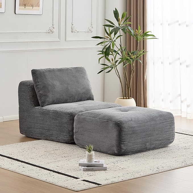 Memory Foam Compressed Sofa Bed Modern Grey Single Chaise Louge Comfy Futon Floor Couch Pet Friendly Fectional Couch for Living Room Bedroom No Assembly Movable OttomanCorduroy