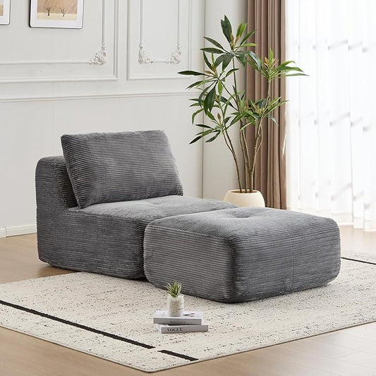 Memory Foam Compressed Sofa Bed Modern Grey Single Chaise Louge Comfy Futon Floor Couch Pet Friendly Fectional Couch for Living Room Bedroom No Assembly Movable OttomanCorduroy