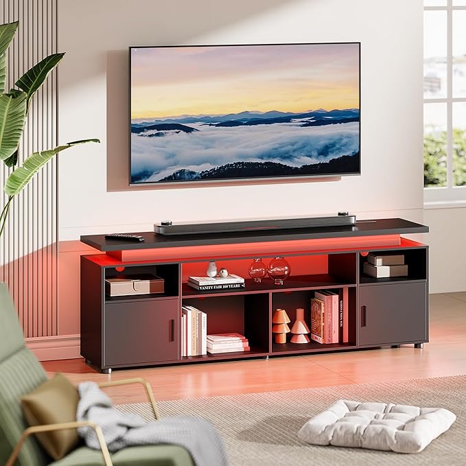 SUNCOZE TV Stand Entertainment Center with LED Lights and Cabinet for 70/75/80 Inch TV Modern TV Console Gaming Media Television Stands with Power Outlets for PS5 in Living Room and Bedroom Black