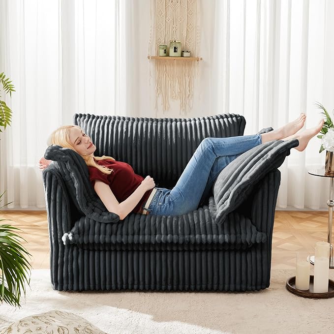 Modern Single Sofa Chair 49 Slipcovered Armchair Oversized Upholstered Accent Chair Comfy Cloud Deep Seat Sofa Chair with 2 Throw Pillows for Living Room Bedroom Apartment Corduroy Grey