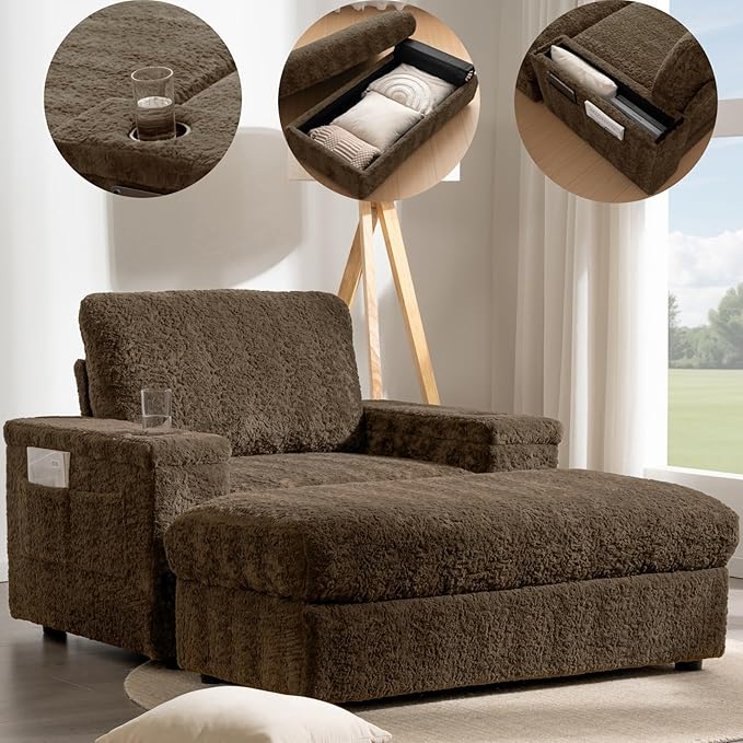 Merax Oversized Sleeper Chair with Storage Armrest &amp Ottoman Cup Holders Cloud Upholstered Chaise Lounge Recliner Deep Seat Reading Couch Sofa Bed for Living Room Bedroom Antique Brown