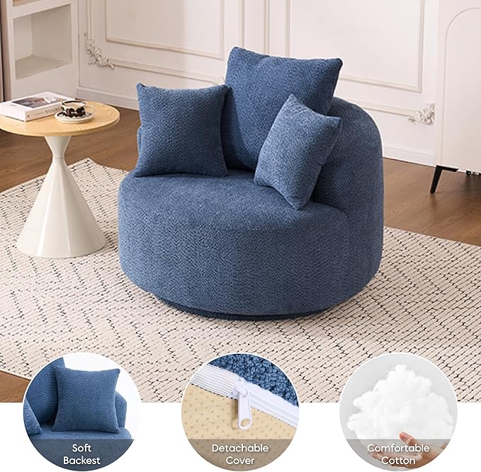 Yoglad 38.58'' Swivel Round Chair Comfy Boucle 360° Accent Chair with Thick Cushion Oversized Modern Single Sofa with 3 Pillows Soft Armchair for Nursery Living Room Bedroom Office (Blue)