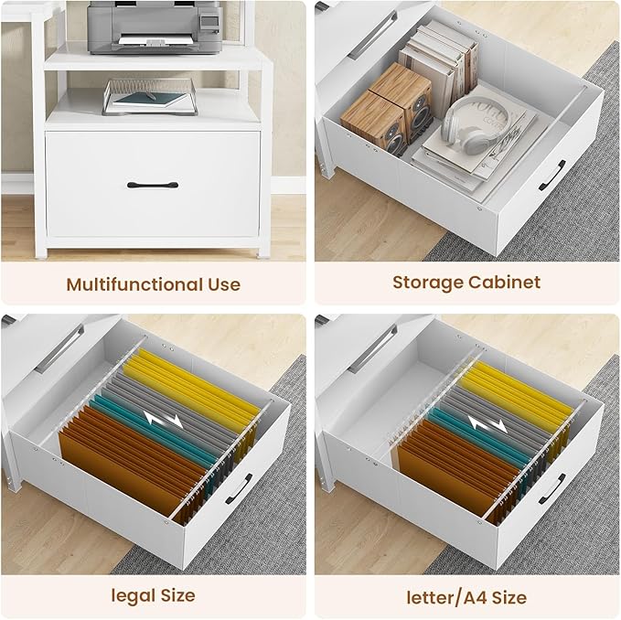 SEDETA White Computer Desk with 5 Drawer &amp Power Outlet 66'' Home Office Desk with File Drawer Storage Shelves Printer Cabinet and Monitor Shelf Gaming Desk with Led Lights