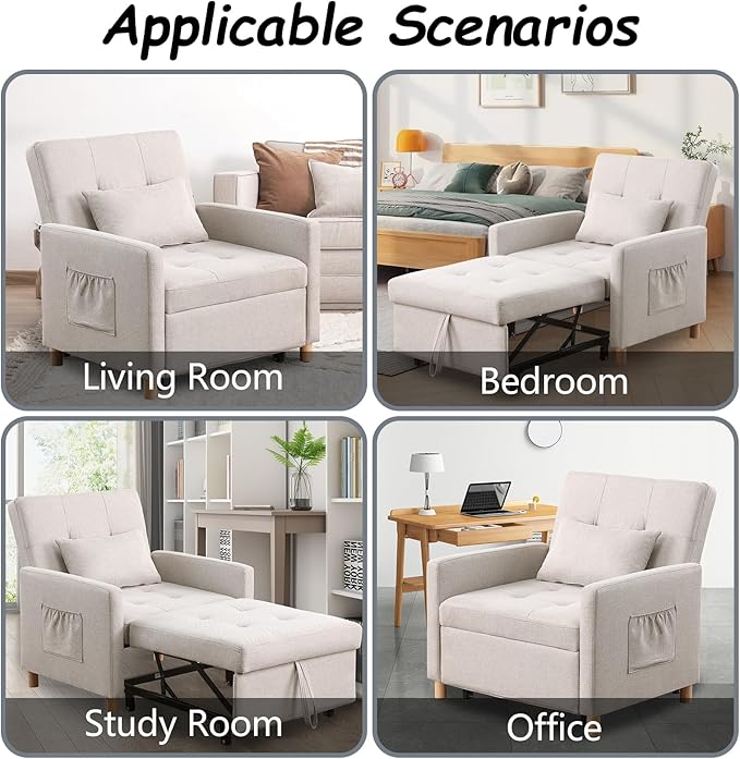 Sleeper Chair Bed Convertible Chair Bed Sleeper Pull Out Sofa Bed with Adjustable Backrest Linen Fabric Convertible Chair to Bed with Side Pocket for Living Room Apartment-Beige