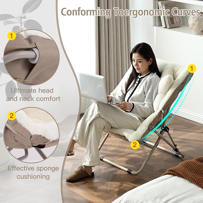 Welnow Comfy Saucer Chair Oversized Folding Reading Chair for Adults with Throw Pillow Soft Faux Fur Lounge Chair for Bedroom Furry Accent Chair for Living Room Dorm Rooms Beige