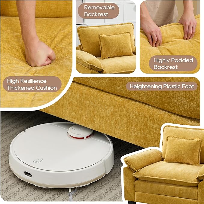 IPKIG Chenille Oversized Accent Chair - 53 W Cozy Upholstered Single Reading Armchair Modular Cloud Sofa for Living Room Bedroom Kids Room Family Room Reading Nook (Yellow Chair Only)
