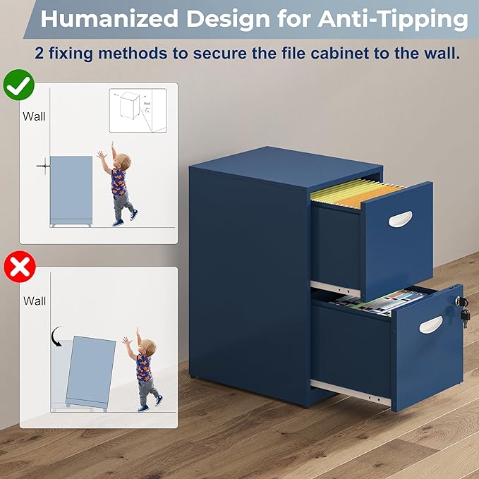 2 Drawer File Cabinet with Lock Metal File Cabinets for Home Office Under Desk Storage Printer Stand Office File Cabinets for Letters and File Boxes Assembly Required Blue