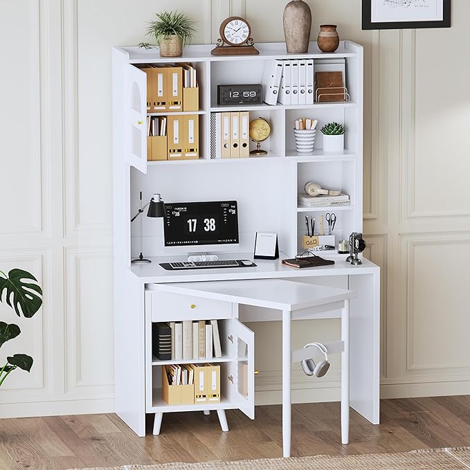 L Shaped Home Office Desks with 90° Rotating Retractable Desktop Glass Door Hutch Drawers Bookshelf &amp Storage Shelves 43 Modern Gaming Computer Corner Table for Work Study Writing White